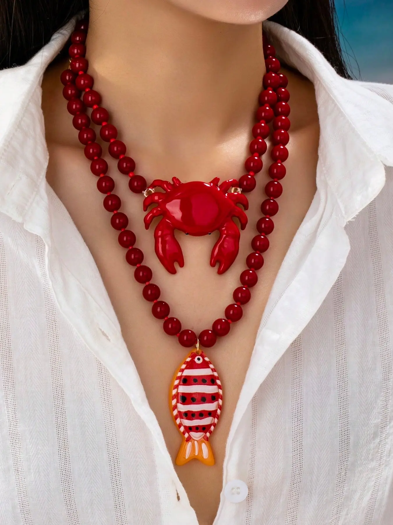 2 Pcs Beaded Crab Fish Pendant ABS Plastic Alloy Necklace, Bold Ocean Style Statement Jewelry, Beach Vacation Women's Accessories, Unique Gift Idea