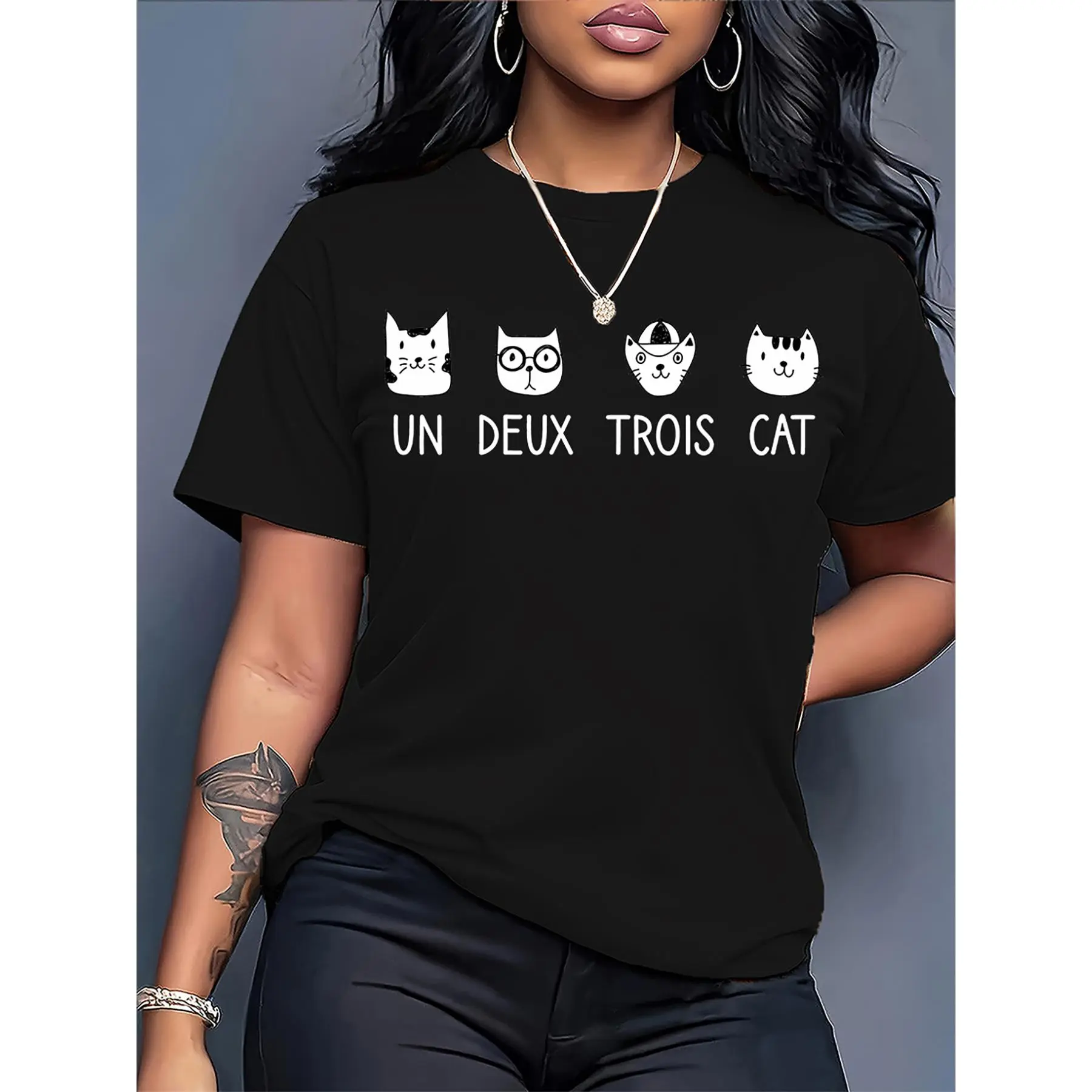 French Cat T-Shirt with Un Deux Trois Numbered - Short Sleeve Casual Blouse Top, French Phrase Shirt Suitable for Seasons, Machine Washable Casual Attire for, & Outings, Lady, Shortsleeve, Fashion, Outdoor, Print, Round Neck