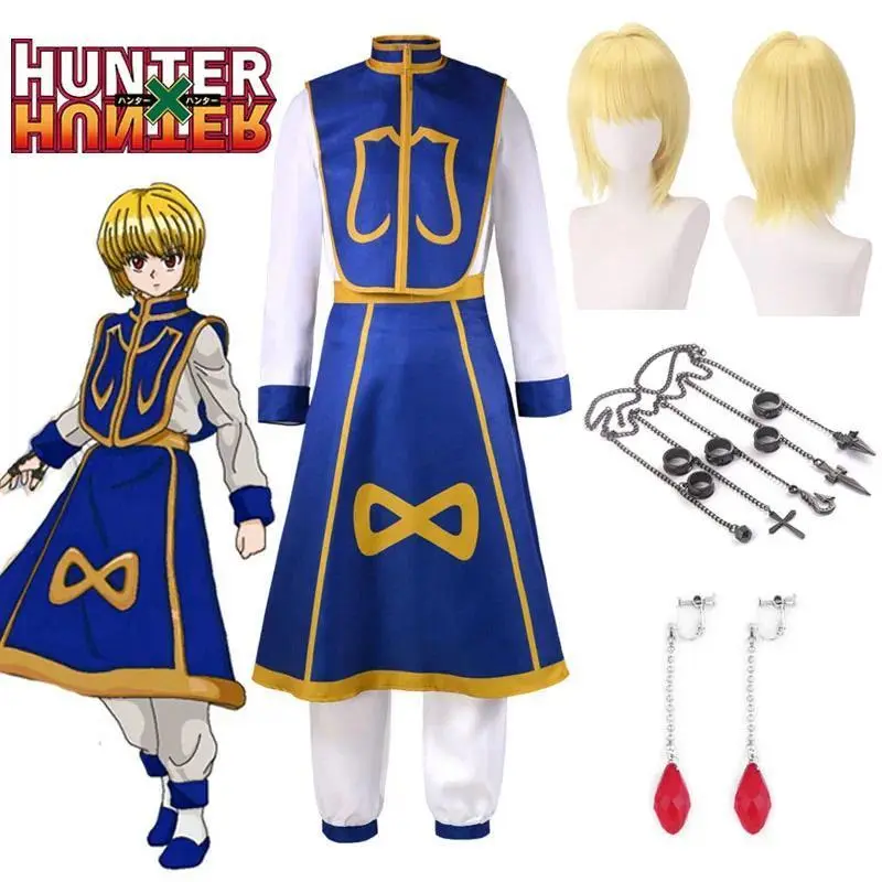 Men's Hunter x Hunter Kurapika Polyester Cosplay Costume Set, Check Design, Includes Wig, Fingers Rings, Chain, Earrings, Anime Uniforms, for Halloween, Birthday, Costume Only Accessories