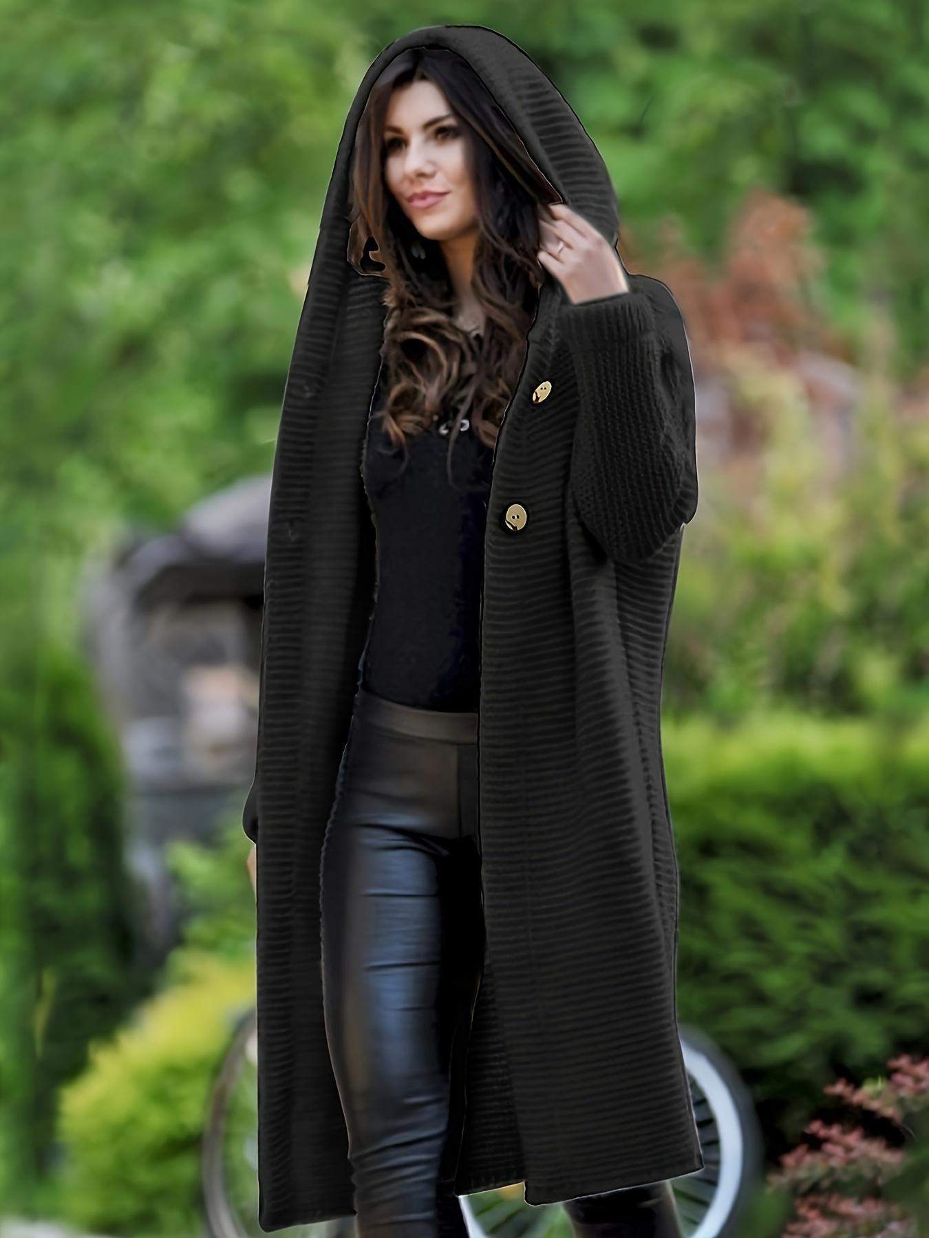 Women's Plain Textured Drop Shoulder Long Hooded Loose Cardigan, Casual Long Sleeve Buttons Polyester Knit Outerwear For Fall & Winter, Women's Clothing For Daily Wear, Womenswear, Knitwear