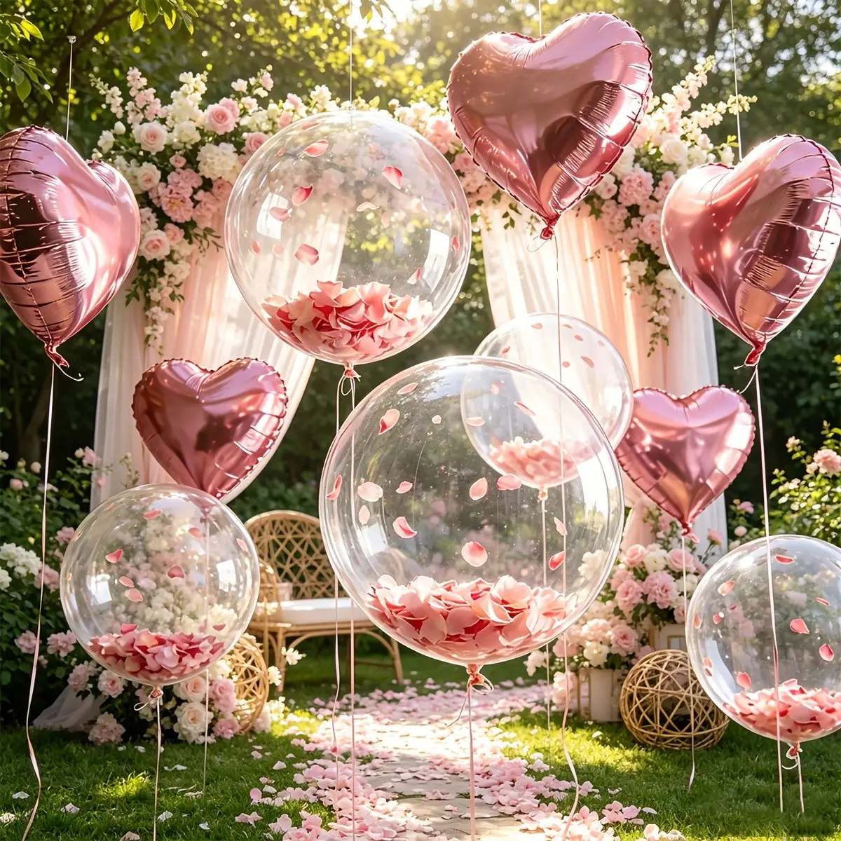 Party Balloon Set, Includes Heart Foil Balloons & Clear Bobo Balloons with 100Pcs Artificial Rose Petals, Decorative Balloons for Wedding, Valentine’s Day Party Decorations, Balloon Decorations Kit