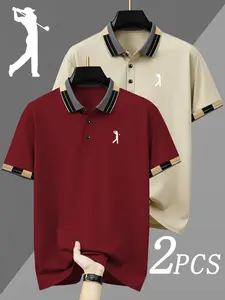 Men's Golf Print Button Down Shirt, Elastic Casual Breathable Four Seasons Comfortable Durable High-End Polo Top, Two Pieces Set