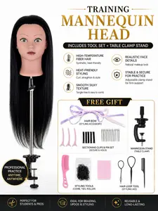 Training Mannequin Head with Stand, High-Temperature Fiber Hair, Cosmetology Practice Head for Braiding, Cutting & Styling