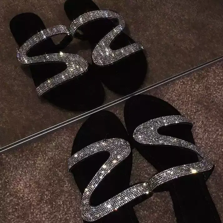 Women's Rhinestone Wave Strap Slide Wedge Sandals - Open Toe Slip-On Boho Casual Shoes with Polyester, Round Toe, Plant Pattern, Retro Classic Design for Summer Parties