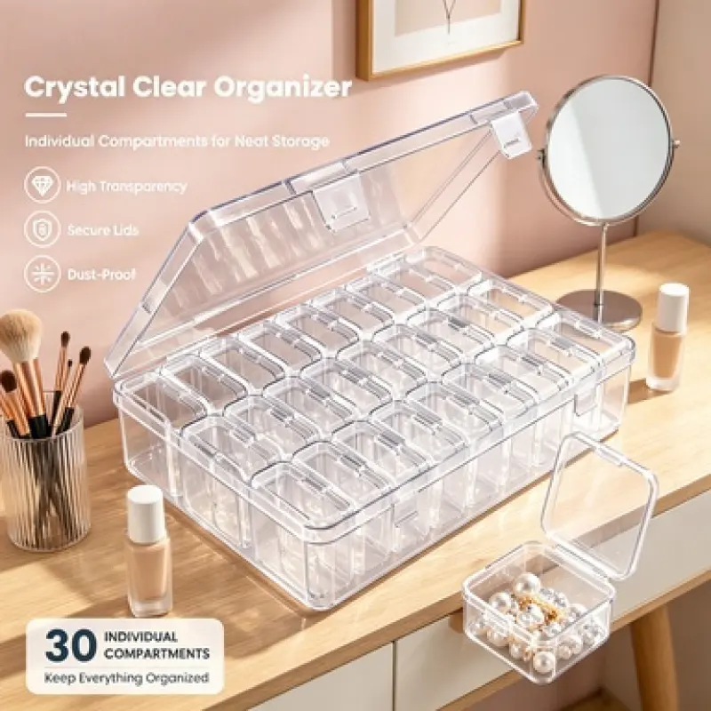 Dust-Proof Transparent 30 Compartment Bead Storage Container, Clear Visible Body for Easy Inventory Check, Ideal for Home DIY Projects, Jewelry Making and Mini Toy Collectibles Storage