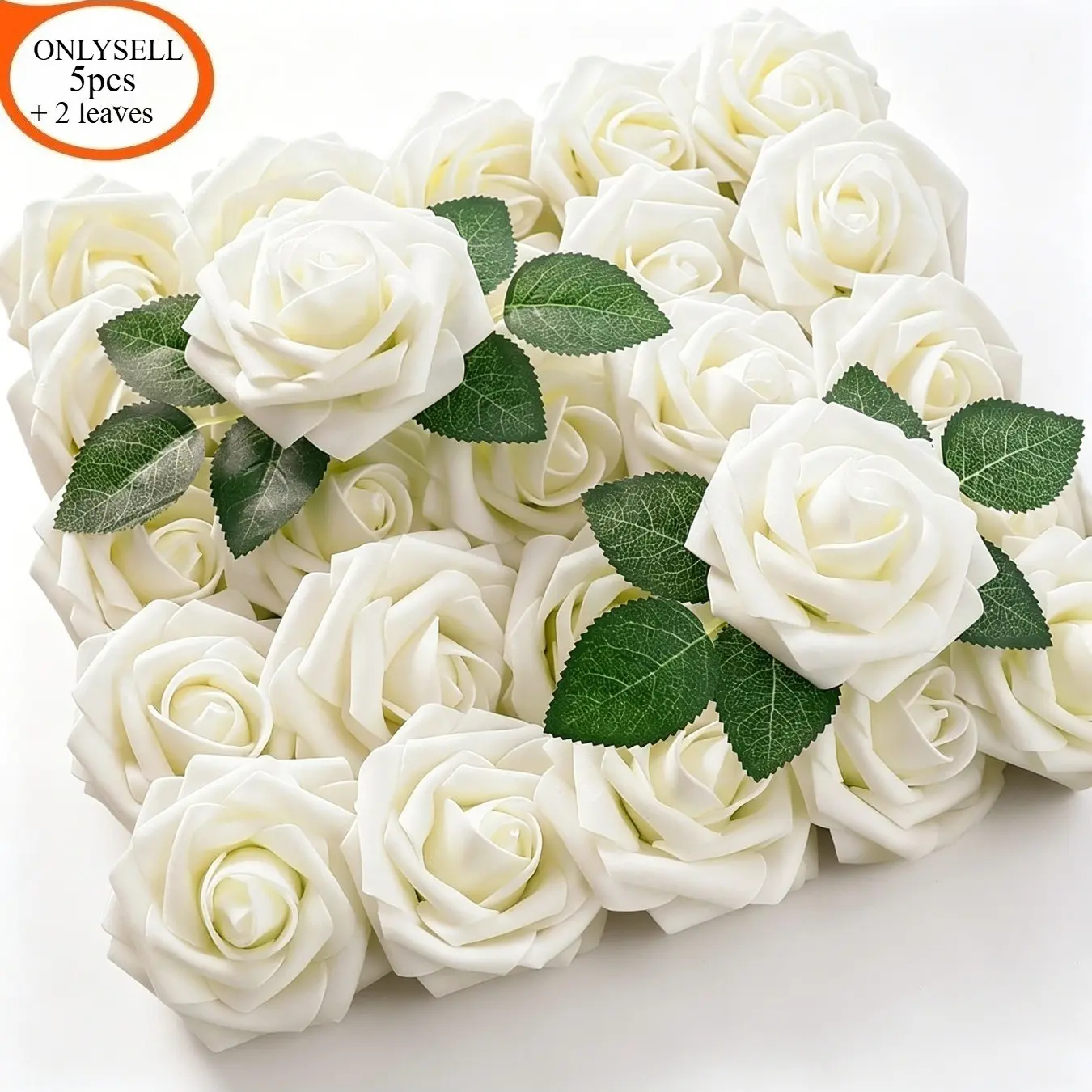 25pcs Randomly Sent 5pcs + 2 Leaves Cream Artificial Rose Buds, Long Stem Realistic Fake Roses Bouquet for Wedding Decorations, Decorative Artificial Flower
