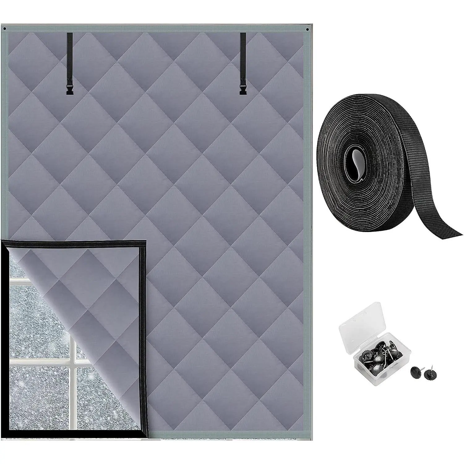 3 Layer 63 x 47 Inches Winter Insulated Window Curtain-Oxford Thermal Insulated Window Blanket with Fastener-Gray Window Insulation Kit for Winter Keeping Warm