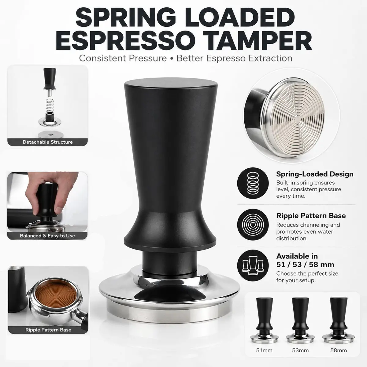 1pcs 51/53/58mm Coffee Distributor and Tamper,Stainless Steel Coffee Tamper with AluminumAlloy Handle, Professional Espresso Distributor LevelerTool, Spring-loaded Tamper, Barista gear, Espresso Accessories, Espresso Distribution Tool, Coffee Making Tools