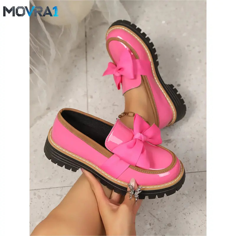 MOVRA1 Women's Big Bow Platform Loafers, Glossy Lug Sole Slip-On Walking Shoes, Textile & PU All Seasons Footwear for Daily Dress, Party Wear Gatherings, Comfort Height Increase