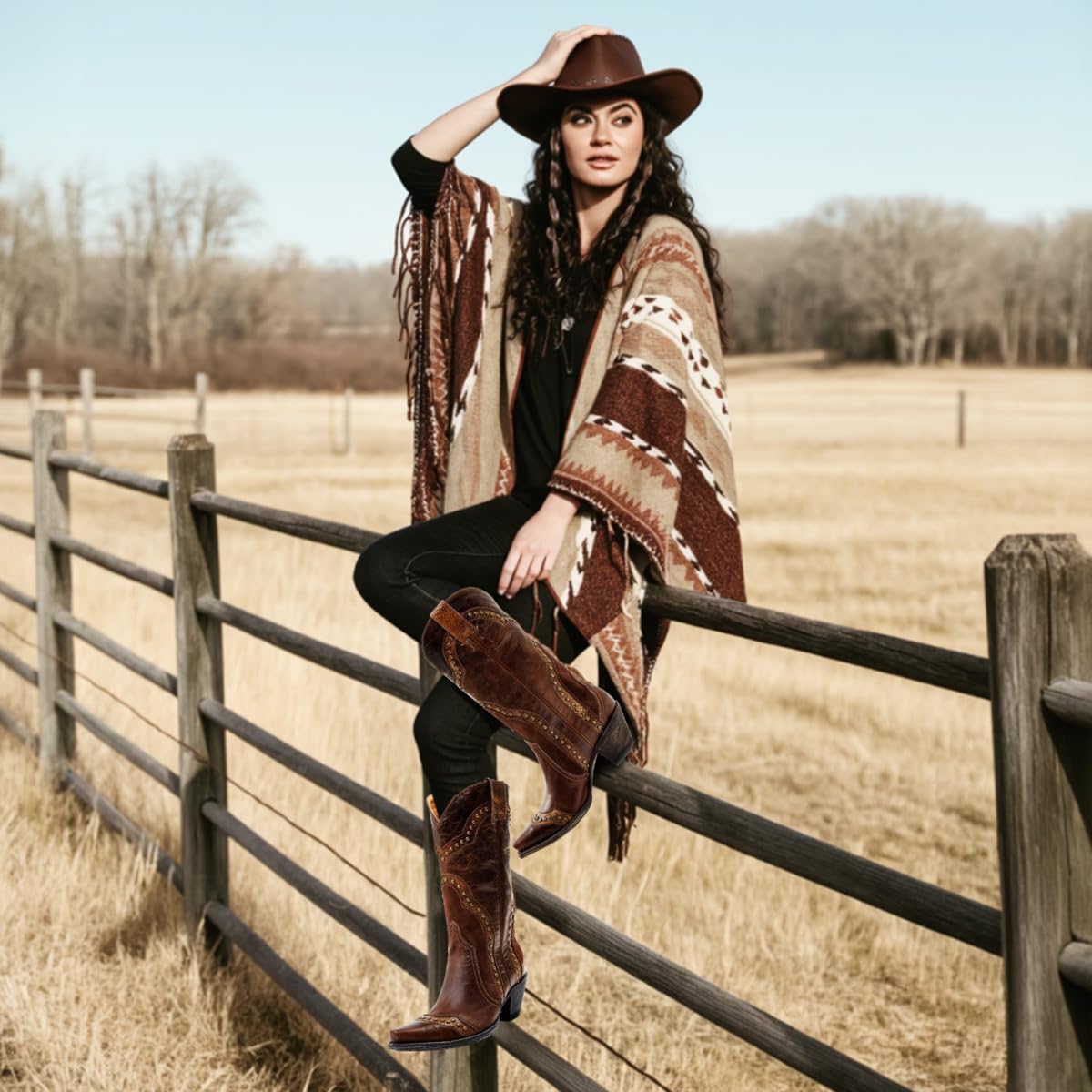 Cowboy Boots For Women, Cowgirl Ladies Mid Calf Boots with Classic Studded, Pointed Toe Chunky Heel Pull On Fashion Dress Wedding Western Booties