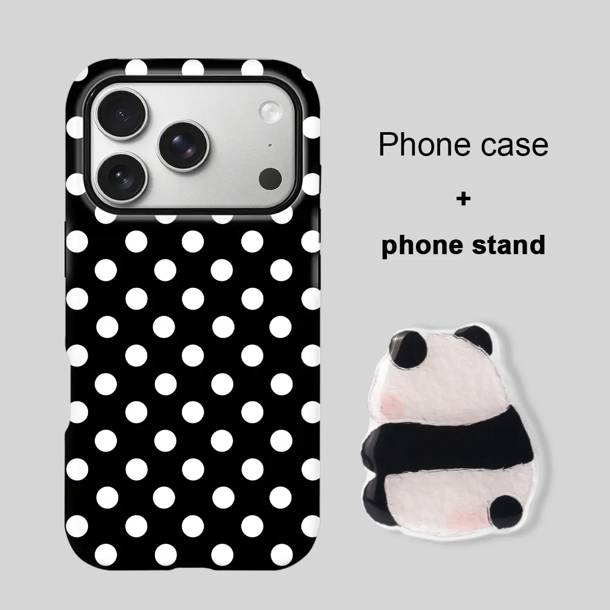 Black White Polka Dot iPhone Case with Cute Back View Panda PopSocket Grip, Raised Lens Shockproof Cover, Trendy Minimal Mobile Phone Accessory & Birthday Gift for Girls, Compatible with iPhone 17 Pro Max/17 Pro/16 Pro Max/15 Plus/14/13/12/11
