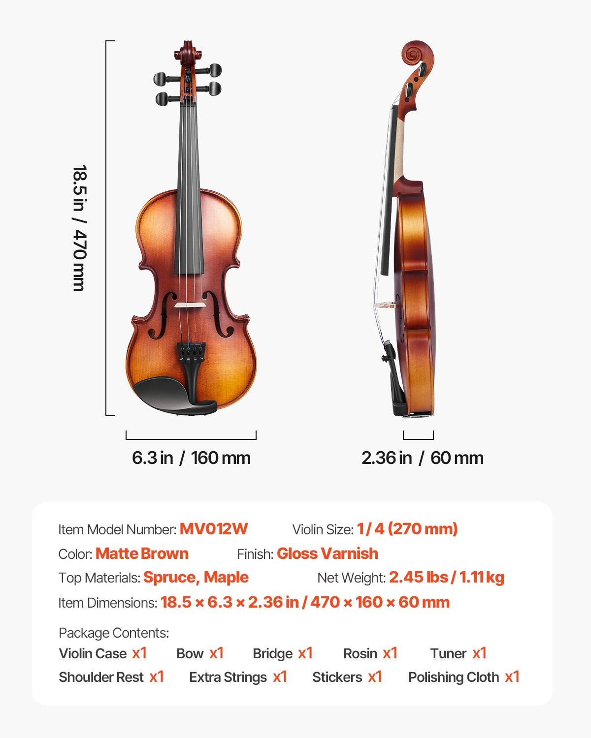 VEVOR Violin 1/4 Size for Adults, Violin Fiddle Set for Beginners Student with Hard Case, Rosin, Bow, Shoulder Rest,Bridge,Tuner and Extra Strings,Solidwood Professional Musical Instruments (Brown) VEVOR Violin 1/4 Size for Adults, Violin Fiddle Set for Beginners Student with Hard Case, Rosin, Bow, Shoulder Rest,Bridge,Tuner and Extra Strings,Solidwood Professional Musical Instruments (Brown)