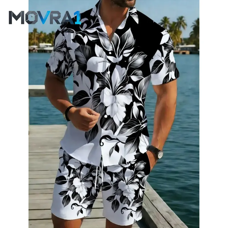 MOVRA1 Men's Floral Print Short Sleeve Shirt Set, Beach Casual Two-Piece Outfit, Fashion Vacation Men's Clothing, Tropical Matching, Menswear