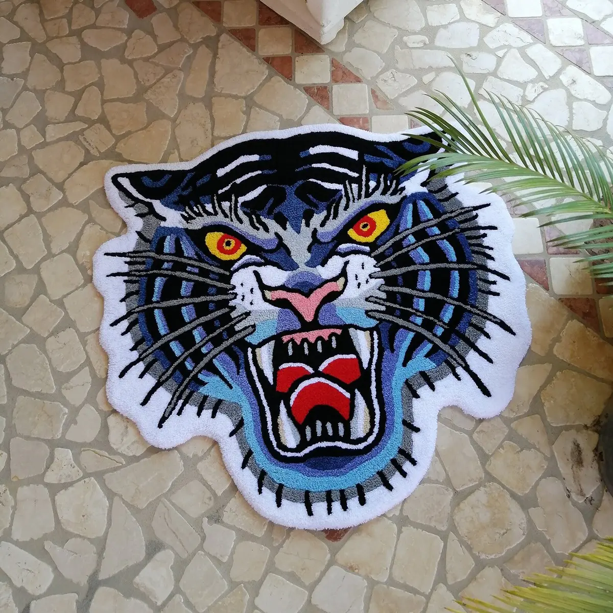 Trendy Blue Tattoo Tiger Head Tufted Rug, American Vintage Entryway Decor Mat, Unique Gaming Room Corner Carpet, Street Industrial Living Area Footpad, Home Decorative Rug, Pattern Rug