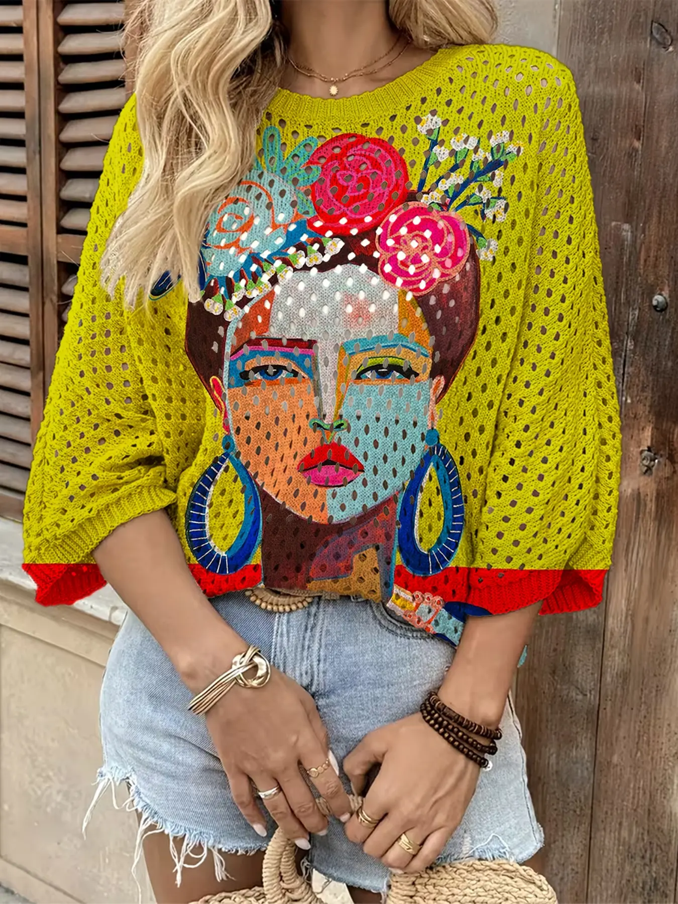 Summer Boho Batwing Sleeve Top, Round Neck Hollow Out Knitwear, Colorblock Face Print, Casual Elegant Commute, Beach Cover-Up, Beach Coverups