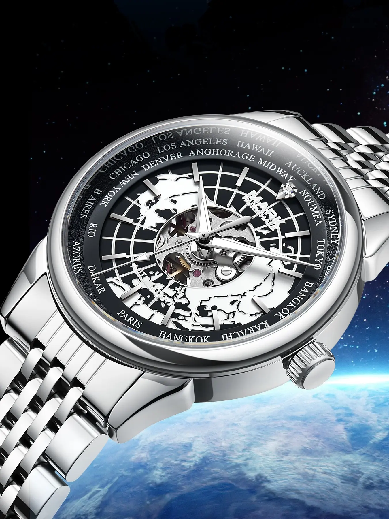 Mark Fairwahle Men's Mechanical Watch, Stainless Steel Strap, Waterproof Night Light, Business Style, Analog Face, Fw-6062