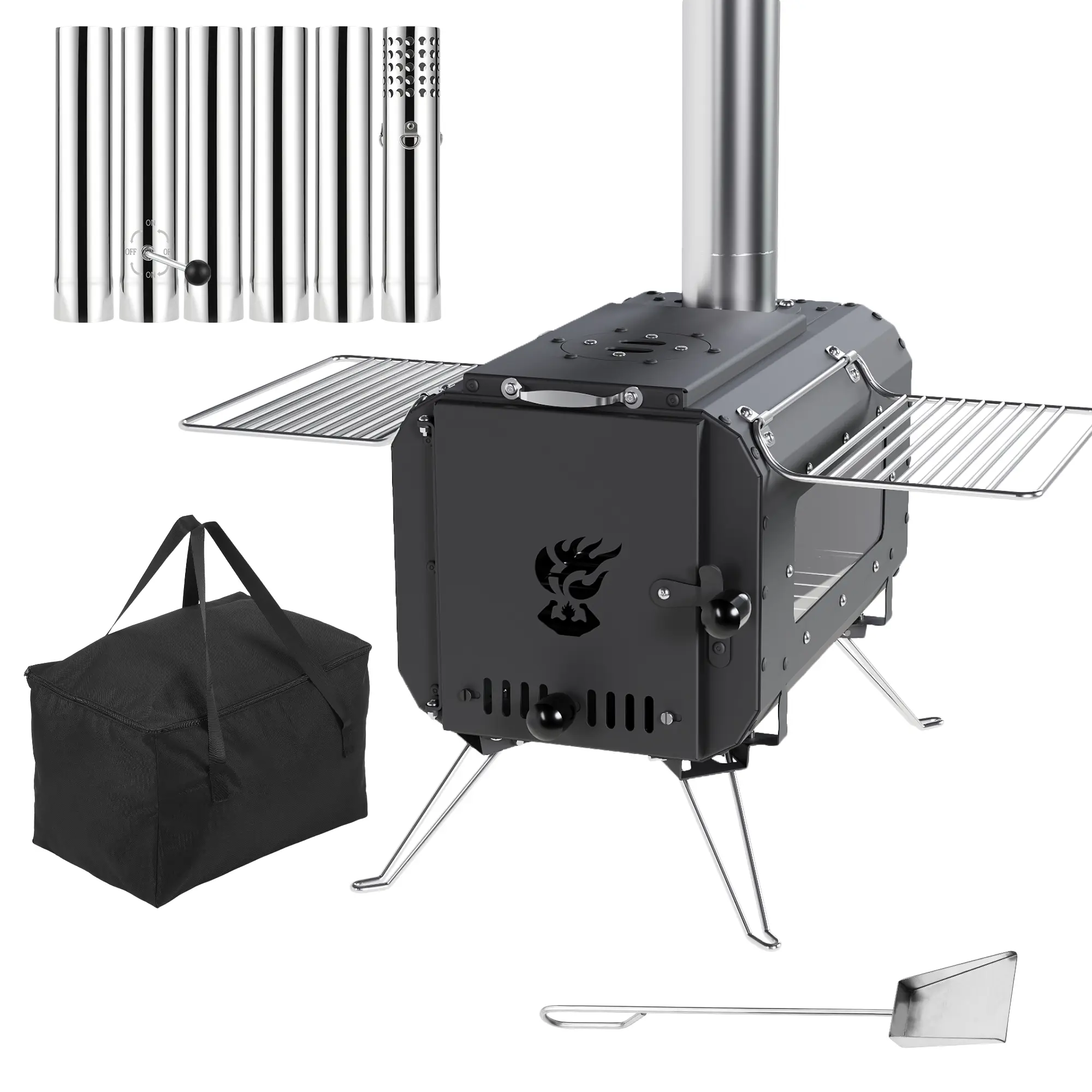 Garvee Portable Solid Fuel Cooking Tent Stove - Folding Camping Heater with High-Temp Glass Window, Damper & 6 Chimney Pipes for Hot Tent, Ice Fishing, Hiking & Cooking - Black