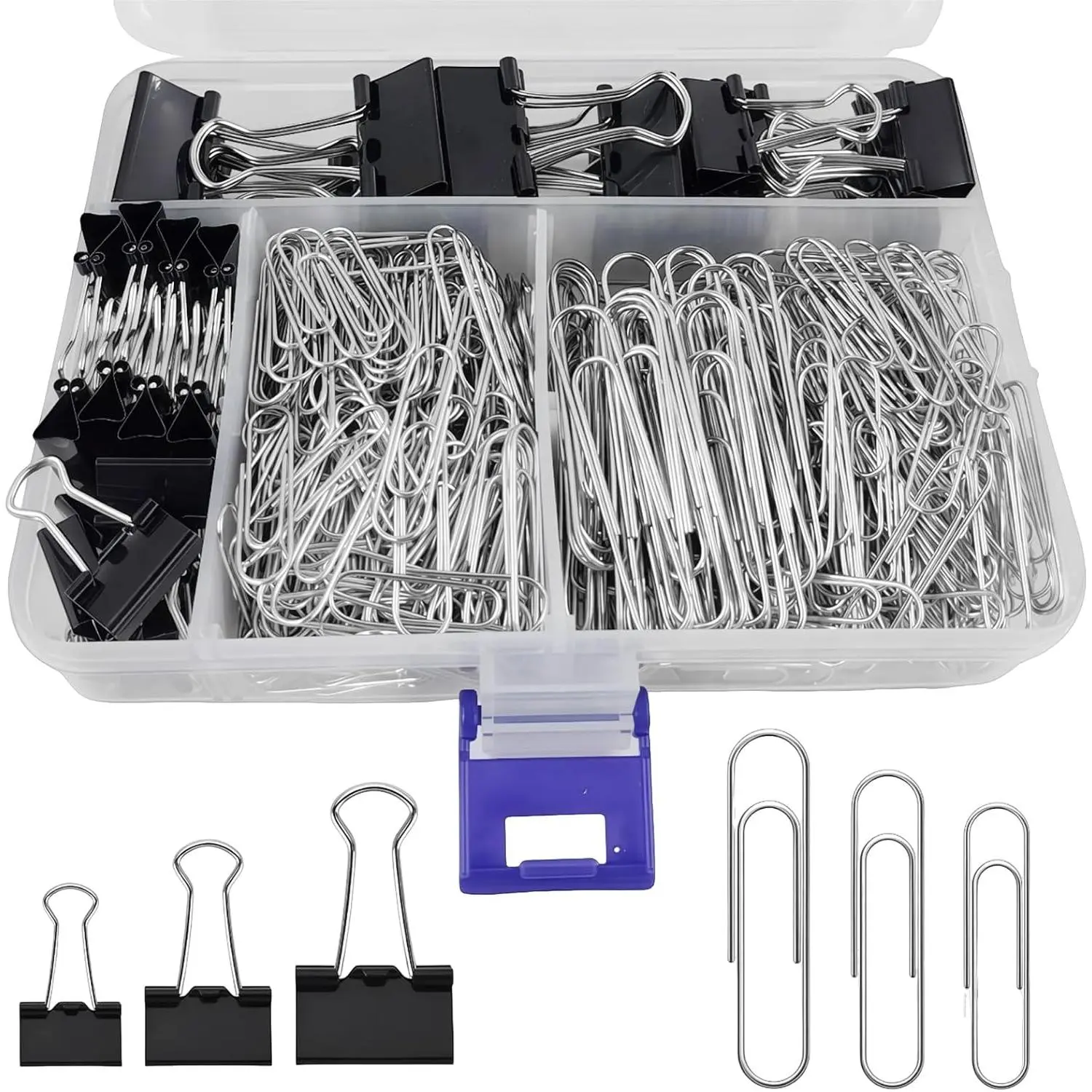 Stainless Steel Binder Clips & Paper Clips Set - 340-Count Assorted Sizes, Compartmentalized Container, Document Hold for School/Office Supplies