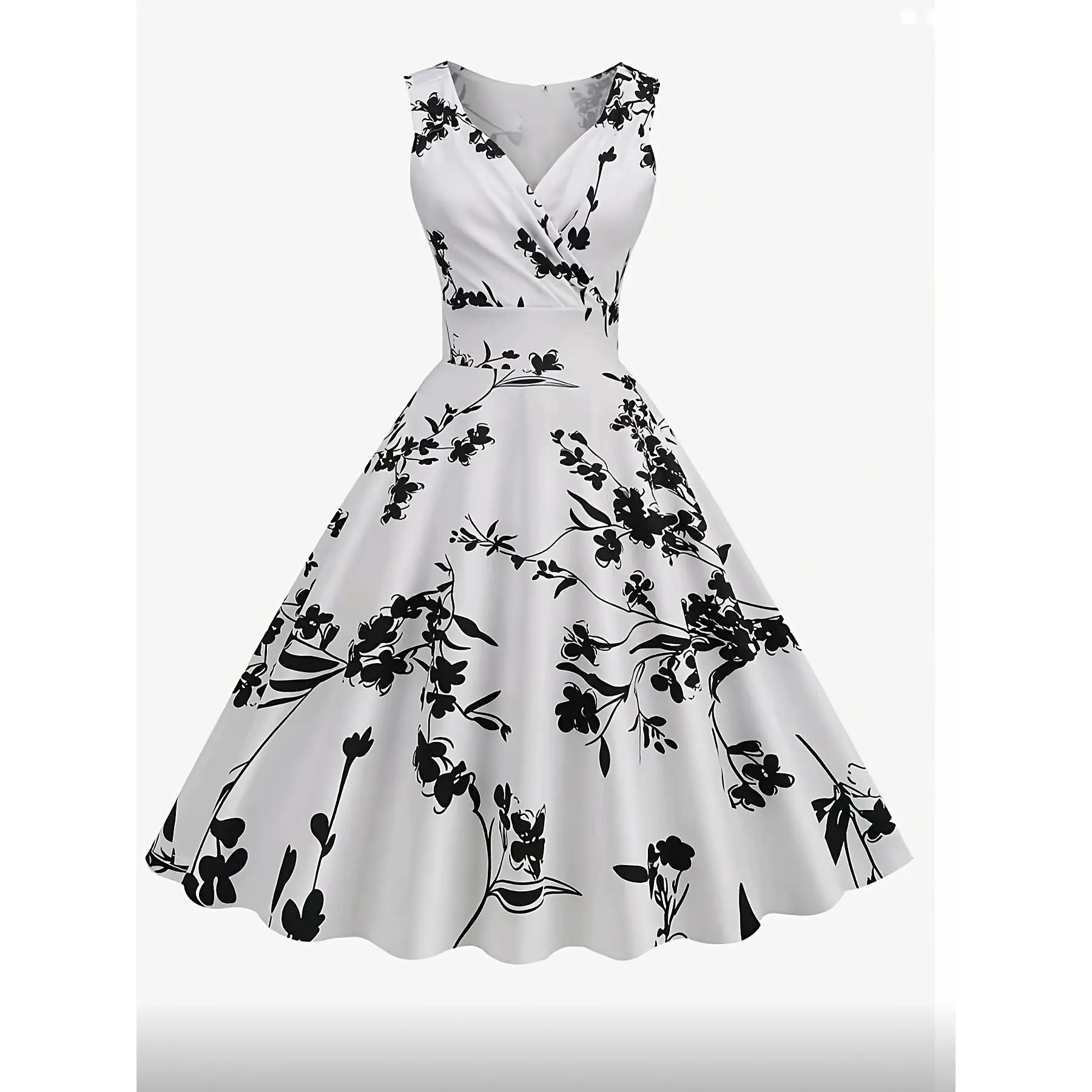 Vintage Elegant Delicate Dress Floral Print Sleeveless Dress with A-Line Swing