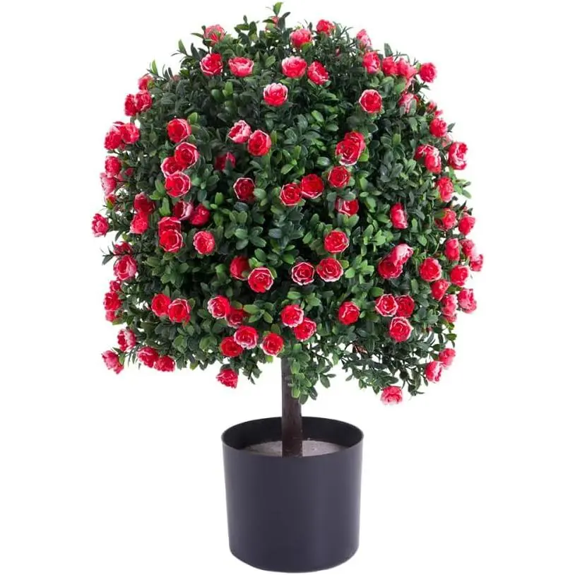 21.65 in Faux Rose Topiary Ball Tree-Artificial Potted Plant with Flowers and Boxwood Leaves, Perfect for Front Door Porch Garden and Backyard
