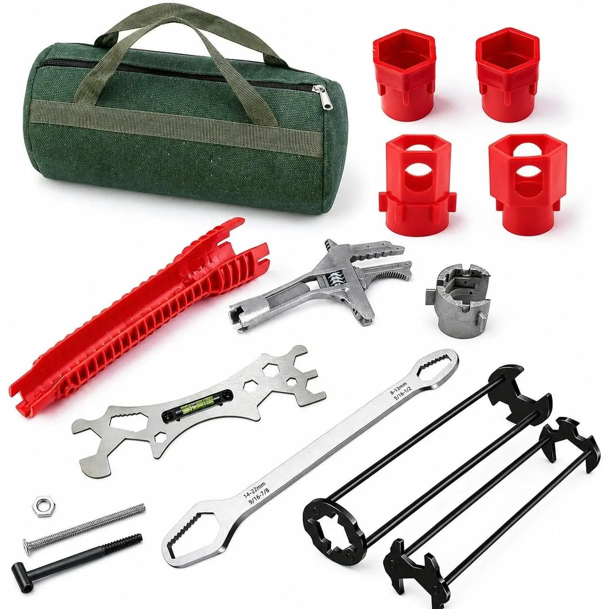 7- Plumbing Tool Kit: 14-in-1 Multi-Function Wrench + 2-Axis 7-Profile Wrench + Bubble Level Shower Wrench + Long  Box Wrench +  Wrench – Heavy Duty for Sink, Faucet, Toilet & Tight
