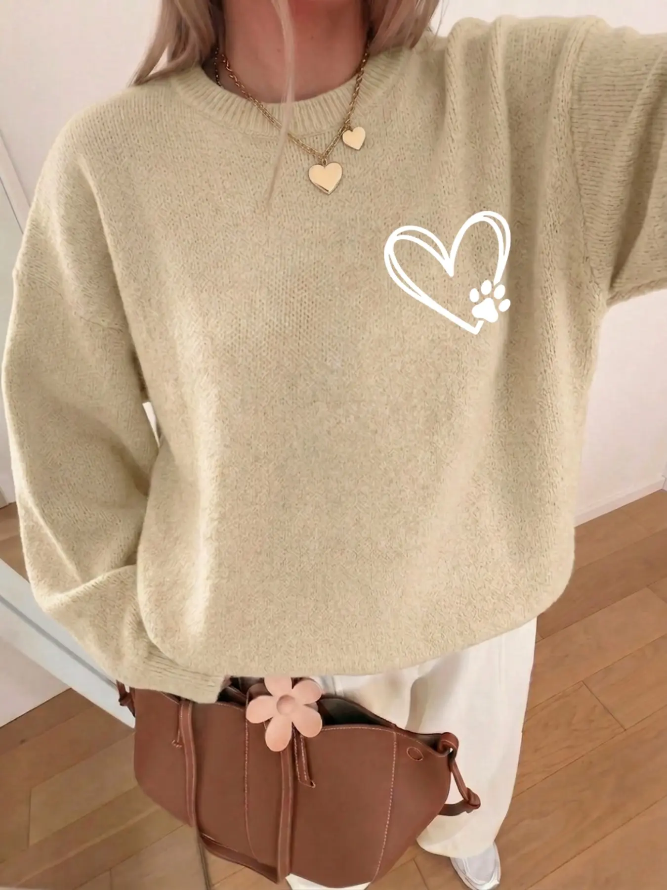 Heart Paw Print Crewneck Knit Sweater Women Oversized Loose Soft Pullover Casual Pet Lover Gift Warm Knitted Jumper