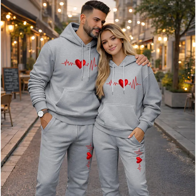 Couple's Heartbeat Print Hooded Sweatshirt and Drawstring Sweatpants Set, Casual Sportswear, Long-Sleeve Hooded Jacket and Pants, Suitable for Autumn, Winter, and Spring, Everyday Wear, Tracksuit, Casual Athletic Wear