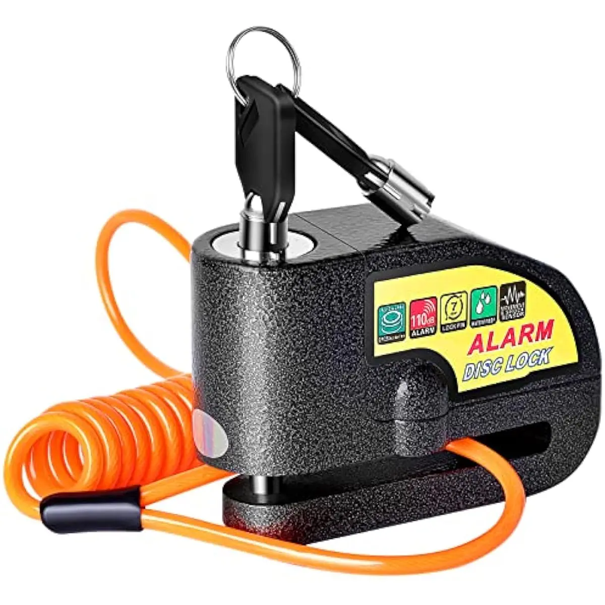 Loud 110dB Motorcycle Disc Brake Alarm Lock - Waterproof Anti-Theft Security with Reminder Cable for Bike & Scooter (Keys & Pouch Included)