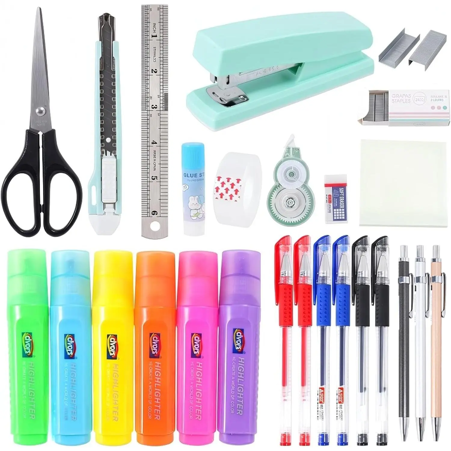 25 Pcs Pack Office & School Stationery Kit, Teacher Starter Set with Stapler+Tape, Writing Tools, Highlighter, Pens (Office Supplies Essential Bundle)