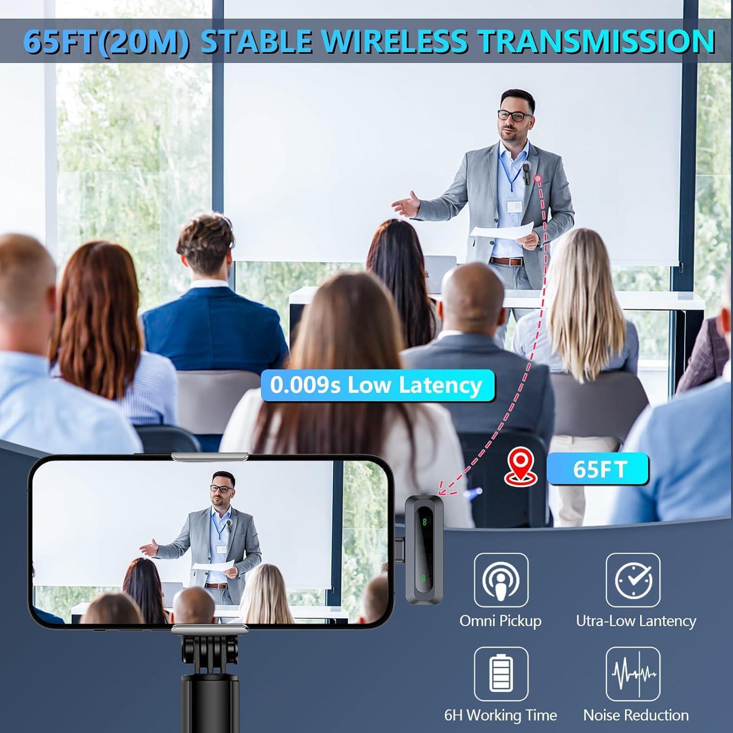 Wireless Microphone, Professional Lapel Mic for iPhone and Android, Wireless Microphone for Video Recording, Teaching, Interviews and Podcasts, Rechargeable Wireless Mic