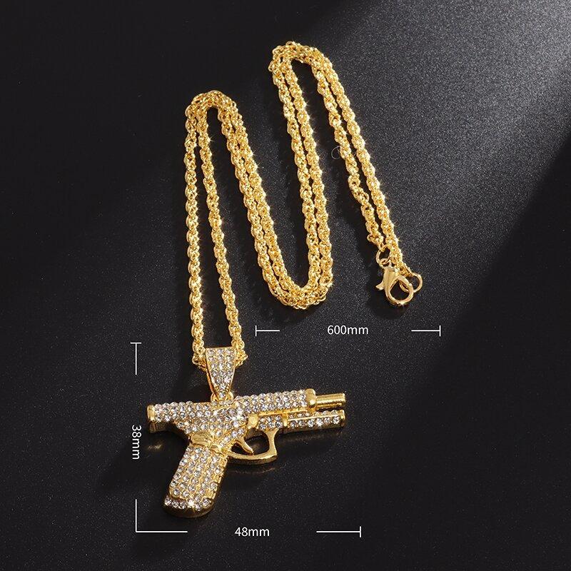 Bling Iced-Out Pistol Pendant Necklace for Men, Hip Hop Street Style Jewelry, Rhinestone Inlay Statement Accessory Bling Iced-Out Pistol Pendant Necklace for Men, Hip Hop Street Style Jewelry, Rhinestone Inlay Statement Accessory