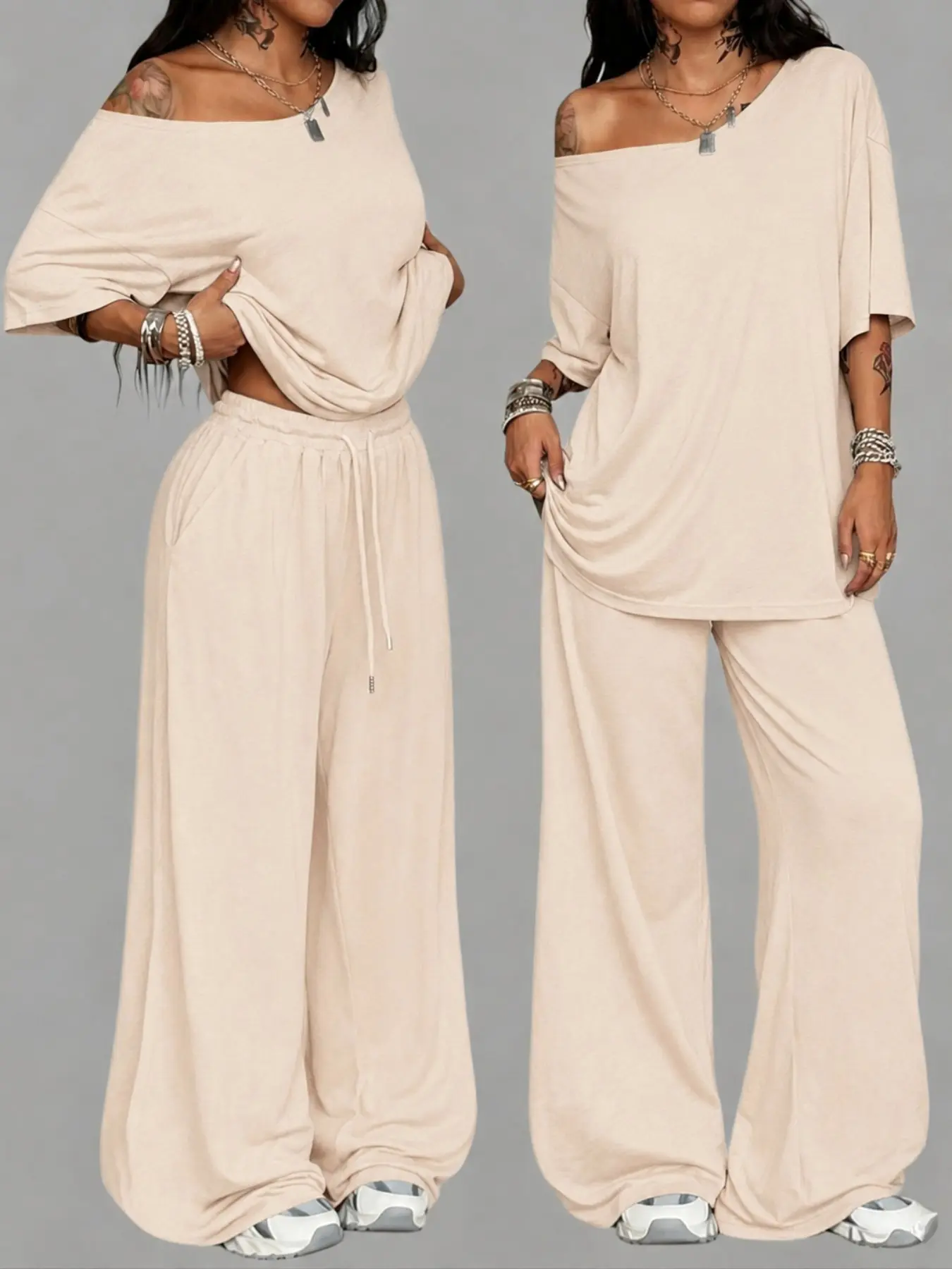 Women's Two-Piece Set, Casual Asymmetrical Neckline Top & Loose Wide-Leg Pants, Lounge Set, Cozy Comfortable Home Wear, Ideal for Outdoor & Leisure Activities