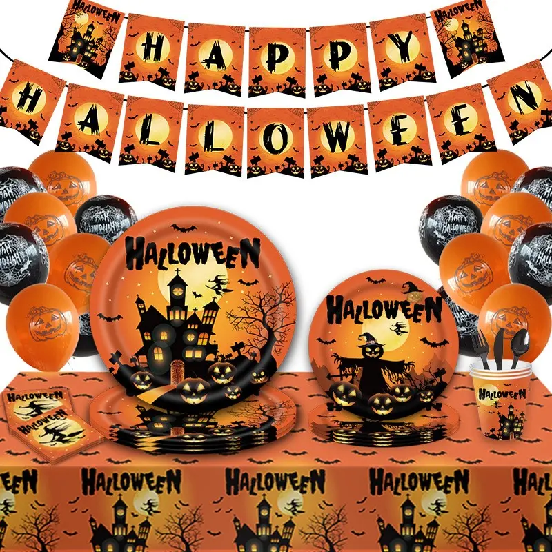 Halloween Party Supplies Set, 9-Piece Paper Plates & Cutlery, Halloween Decoration Kit, Balloon Theme Table Runner Flag Set