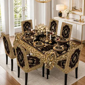 5/7-piece 2D Flat Printing Black and Gold Classic Pattern Carpet Printing Pattern Tablecloth and Chair Cover Set, for dining table and chair decoration, perfect for home, holiday gatherings, restaurants, and parties, Chair Covers Set