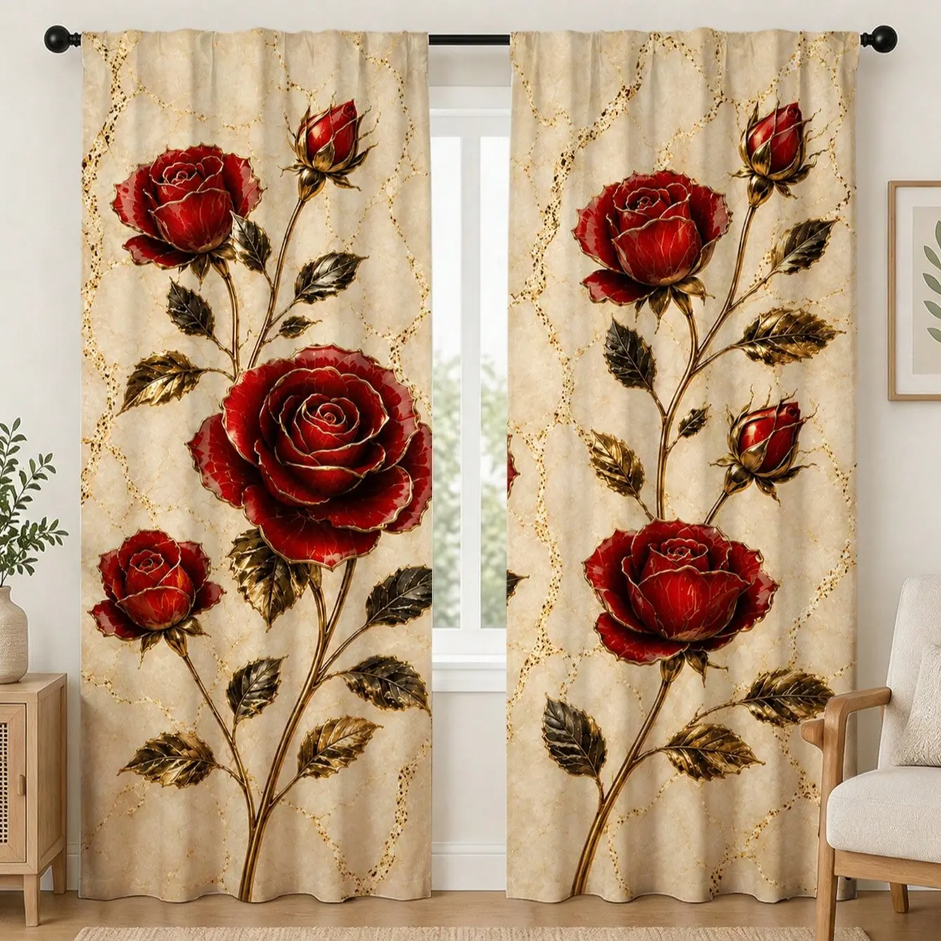 2pcs French Vintage Rose Curtains, European Palace Floral Print Drapes, Grommet Curtains, Luxury Living Room Decor