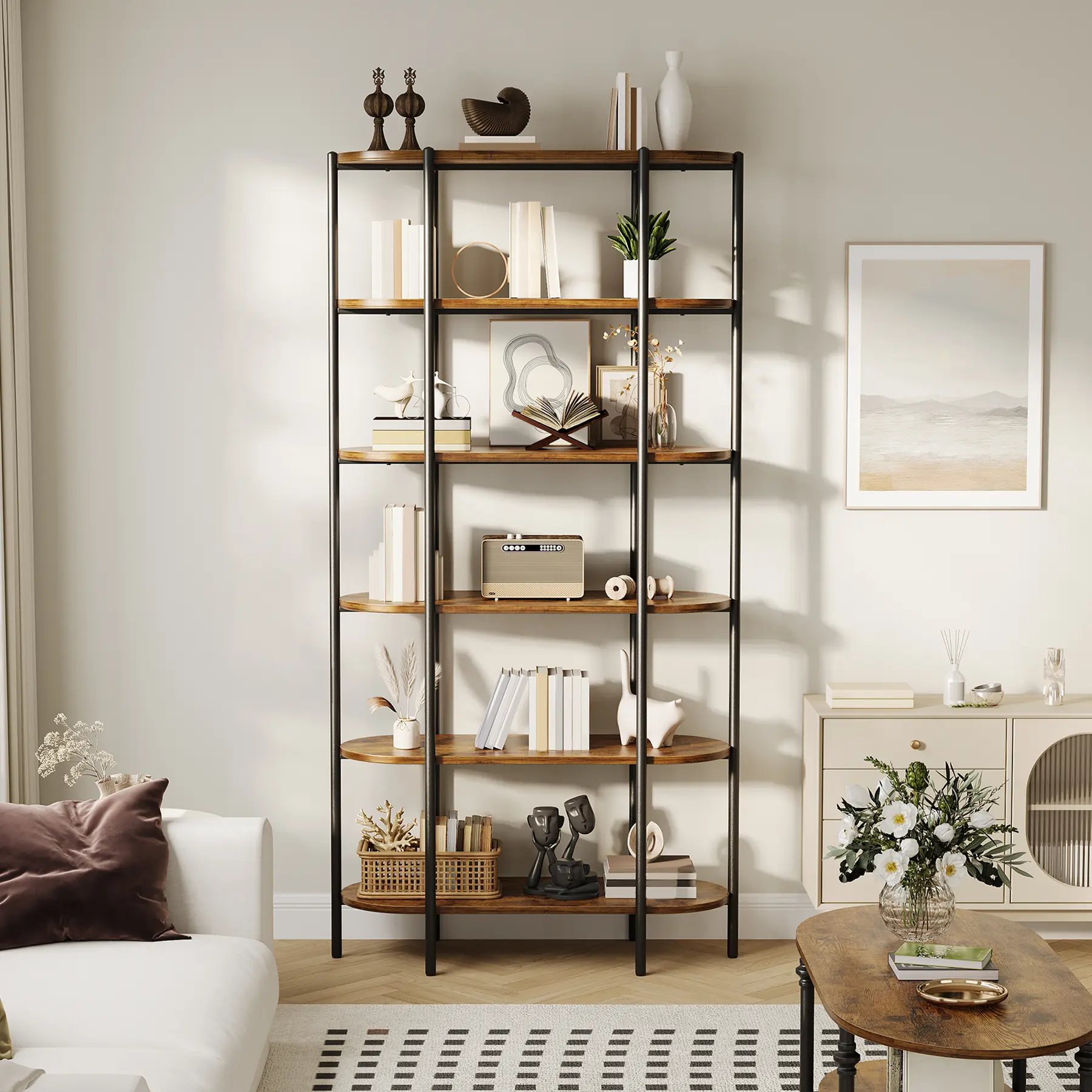 Garvee Open Bookshelf,6 Tier Tall Bookcase Unique Bookshelves Wooden Vintage Bookshelf Metal Frame Display Shelf Home Storage for Home Office, Living Room, Bedroom, Bathroom,Rustic Brown