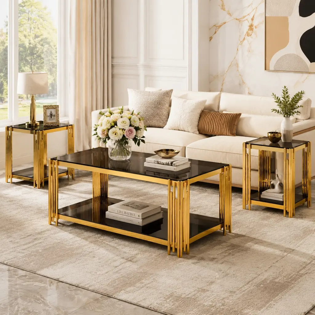 ARCH 3-Piece Living Room Table Set Coffee Table and 2 End Tables Rectangle Tempered Glass Gold Metal Frame Asymmetrical Design Lower Shelf Storage Modern Chic Furniture Set for Living Room Black, Black Color Options, Tempered Glass Material