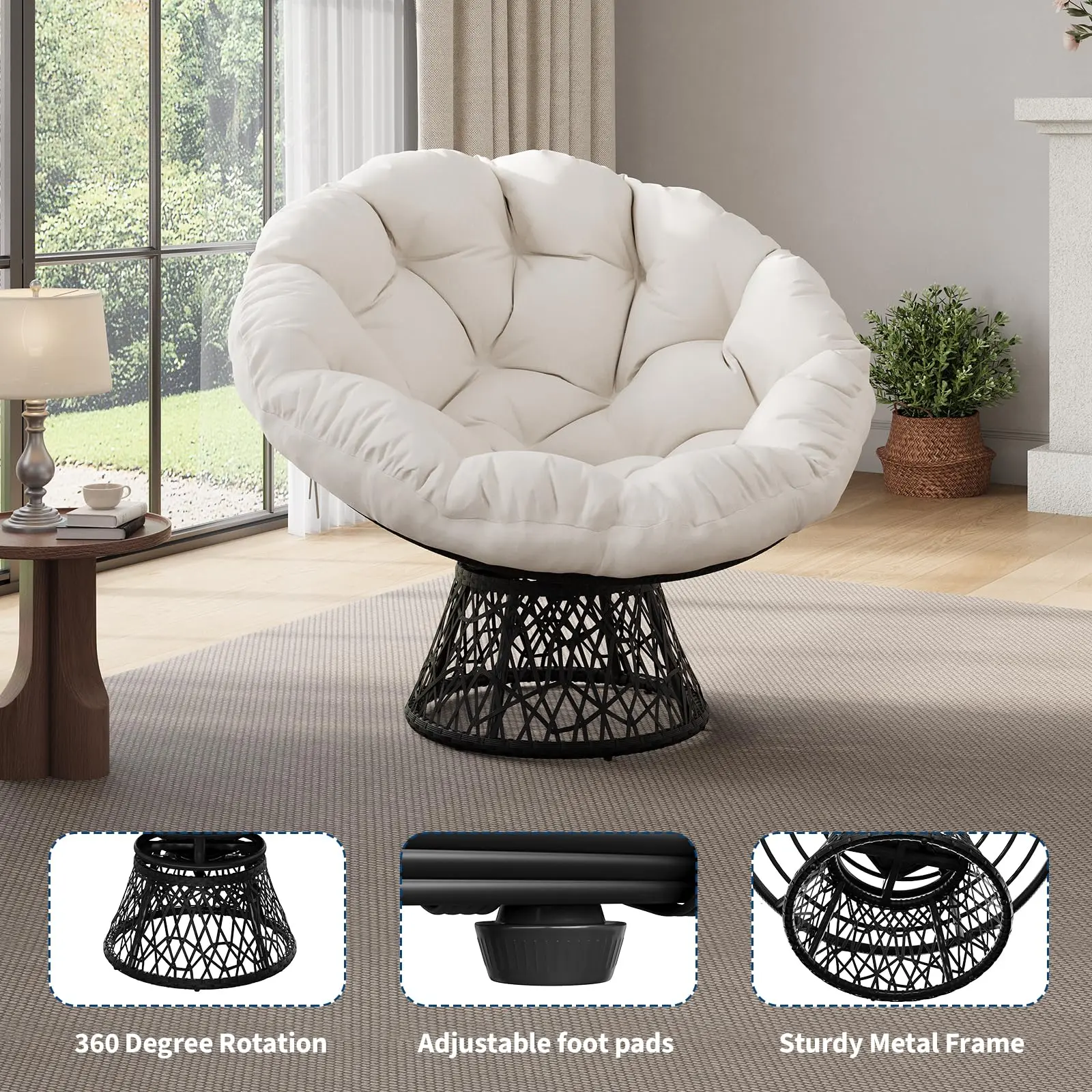 Garvee Ergonomic Wicker Papasan Chair – 40" Swivel Single Lounge, Extra-Thick 6-Inch Beige Cushion, Heavy-Duty Steel Frame, 350 lbs, Anti-Splash, Indoor/Outdoor Use – Black Wicker, Beige Cushion