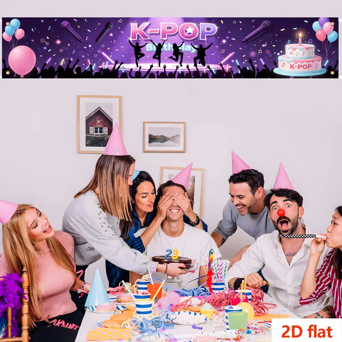 K-Pop Birthday Party Banner, Stage Light Background, Birthday Party Backdrop, Microphone Cake Balloon Decor, Dance Silhouette Pattern, 240cm*45cm, Easy Install