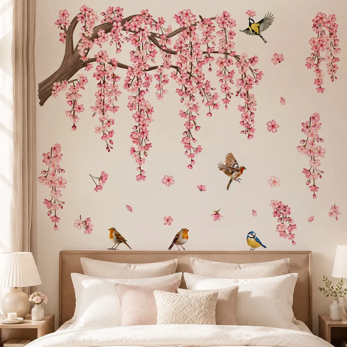 Cherry Blossom Tree Wall Decals – Pink Flower Branch Wall Stickers with Birds, Decorative Peel & Stick Nature Wall Decor for Bedroom, Living Room, Home Interior Makeover & Aesthetic Room Decoration, Cute Wall Decor