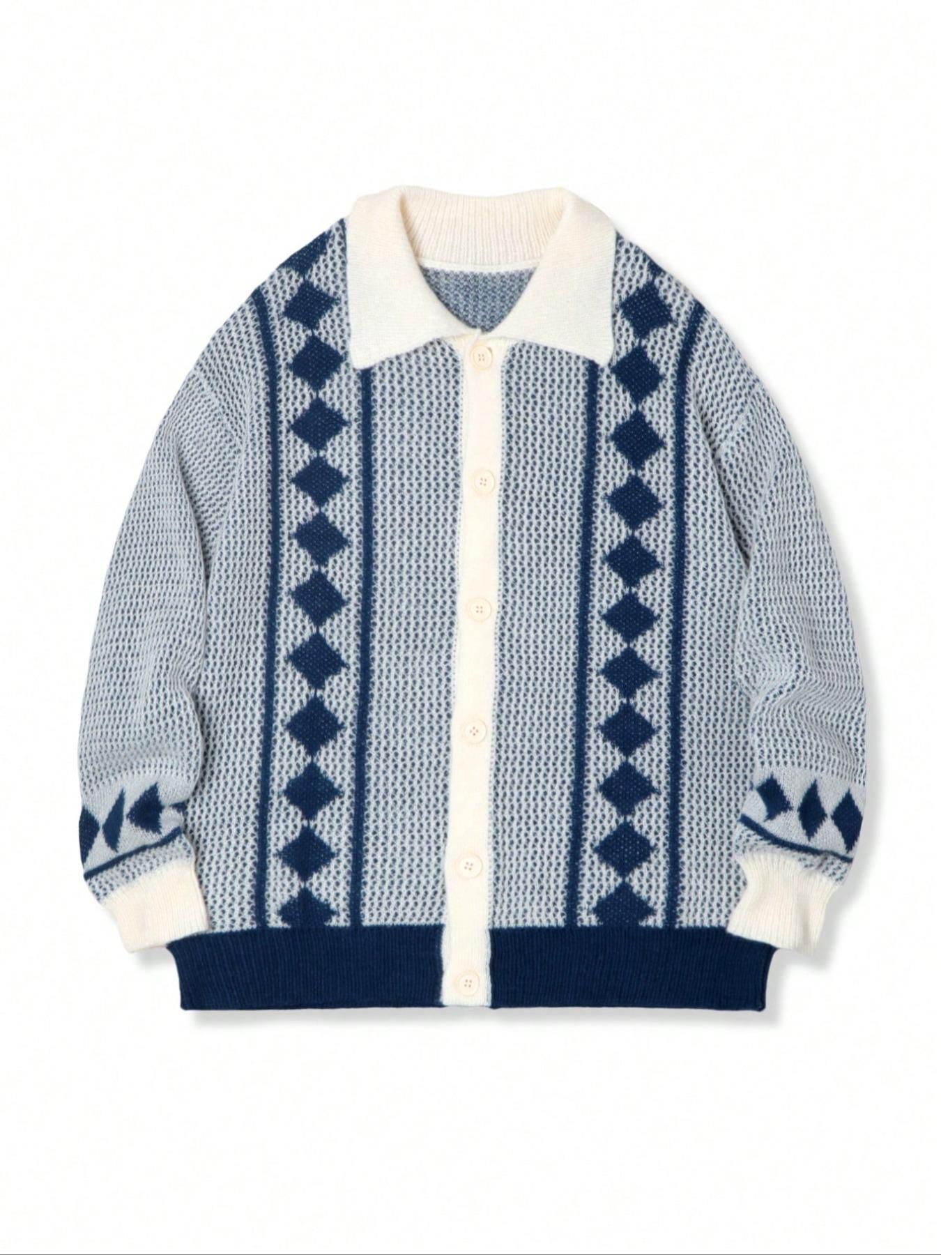 Men's Vintage Casual Wide Plaid Colorblock Polo Collar Button Front Sweater Coat, Perfect for Spring & Fall Seasons, Long Sleeve Knitwear