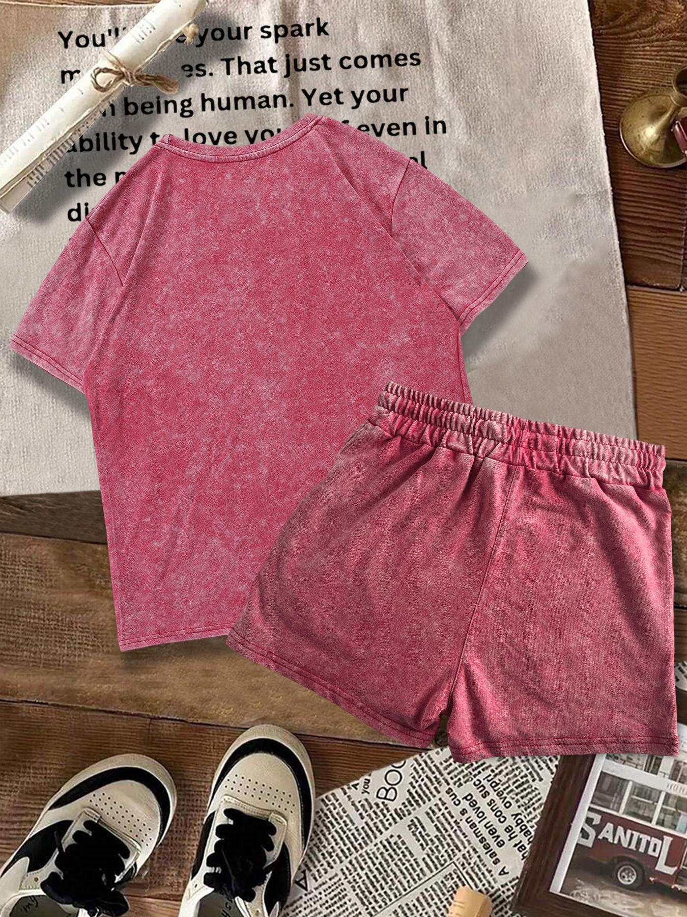 Two-piece Set Women's Solid Color Denim-effect Print Tee & Shorts, Casual Basic Round Neck Short Sleeve T-shirt & Shorts, Ladies Summer Clothes for Daily Wear, Matching Clothing Set