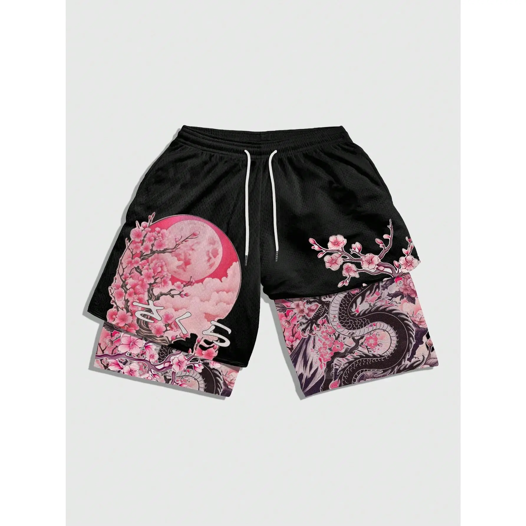 Men's Branch Print Drawstring Waist Double Layer Casual Shorts Summer Outfits Streetwear