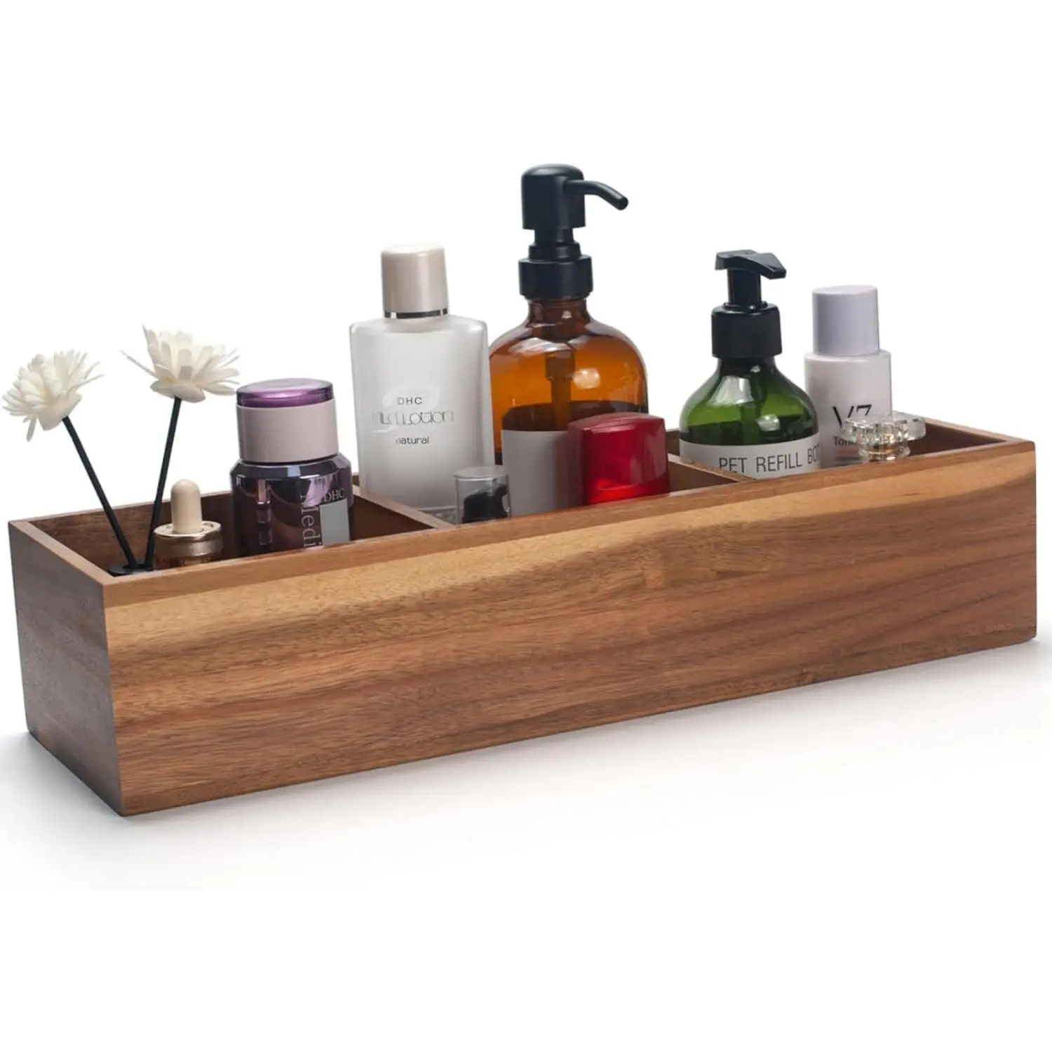 Wood Bathroom Basket, Acacia Wood Toilet Tank Basket, Wooden Storage Box with 3 Compartments for Bathroom Organizer (16.5 x 5.5 x 3.5 inch)