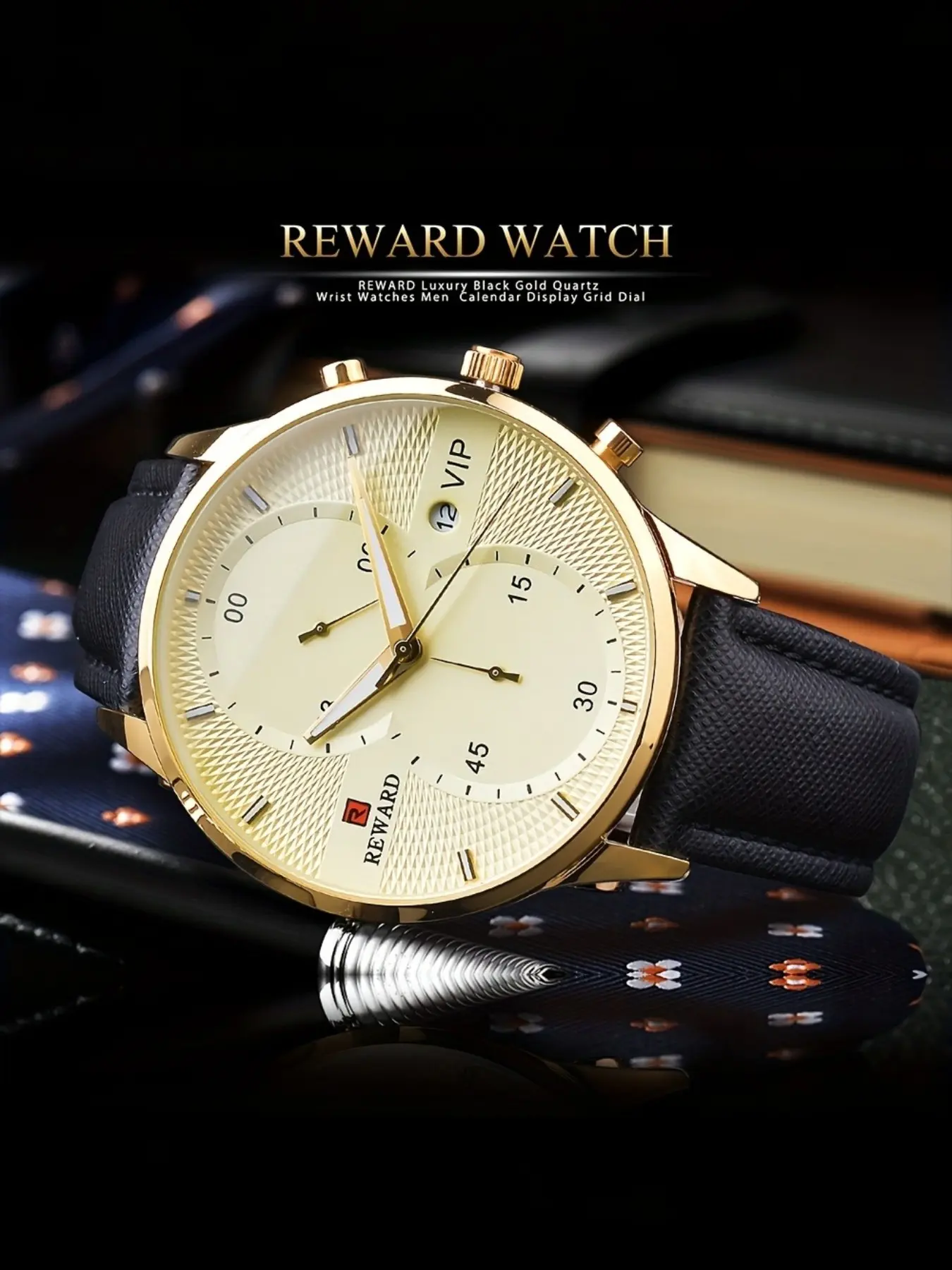 Men's Luxury Black Gold Quartz Watch - Chronos Watch with Imitation Leather Strap, Date and Timing Function, Elegant Design, Formal Occasion Accessories | Exquisite Dial | Fashionable Gloss