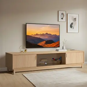 58/70 Modern TV Stand, Natural Wood Grain Entertainment Center for 65/ 75 Inch TVs, Console Table with Fluted Doors and Storage