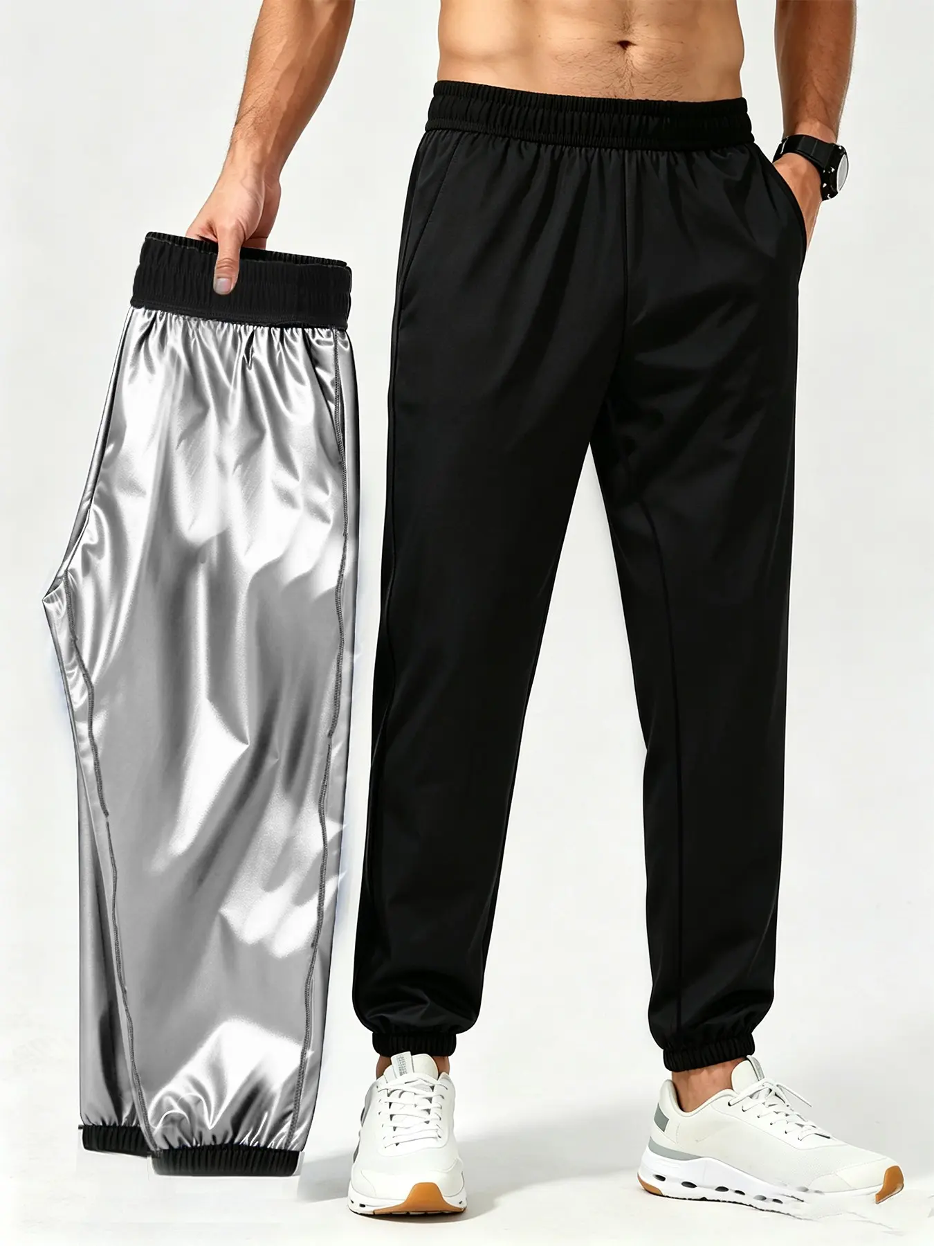 Men's Sauna Compression Joggers, Athletic Training Pants for Gym Boxing Sports, Black & Silver Sizes S-XXXL, Casual Athletic Jogging