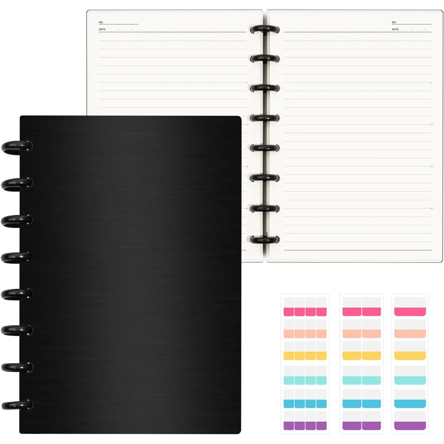 Discbound Notebook, 8-Disc Disbound Planner with Removable Pages, 180 Pages Spiral Notebook, Poly Cover Discbound Planner for Work, Travel, Note Taking(With Index Sticker),Black, A5