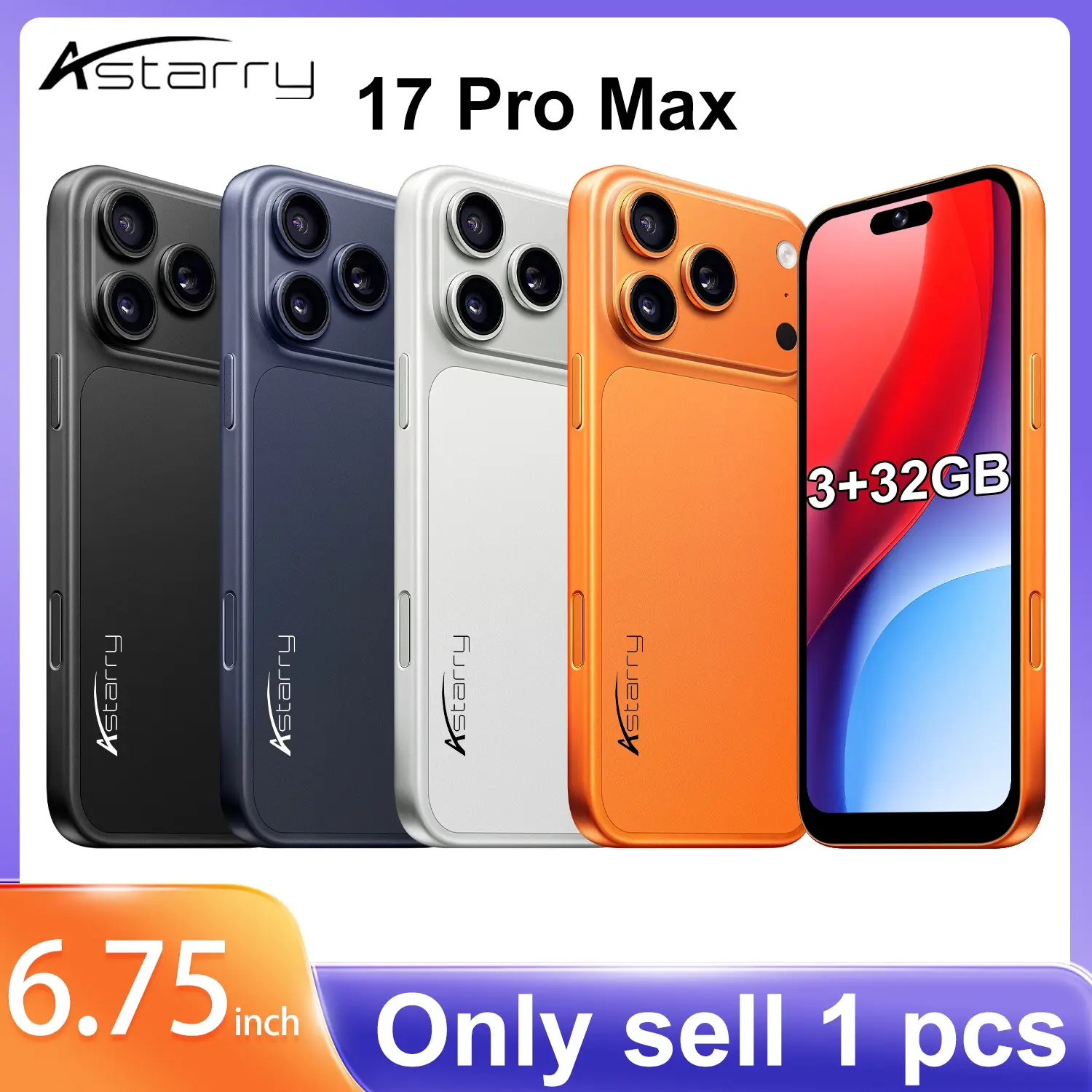 Astarry-selling 17 Pro Max smart phone, 3GB+32GB memory, Android 12, 4G network, dual card dual standby, Bluetooth WiFi GPS positioning, MTK6762 processor, 5+13MP pixels, 4100mAh battery phone one-click photo real fingerprint face recognition.