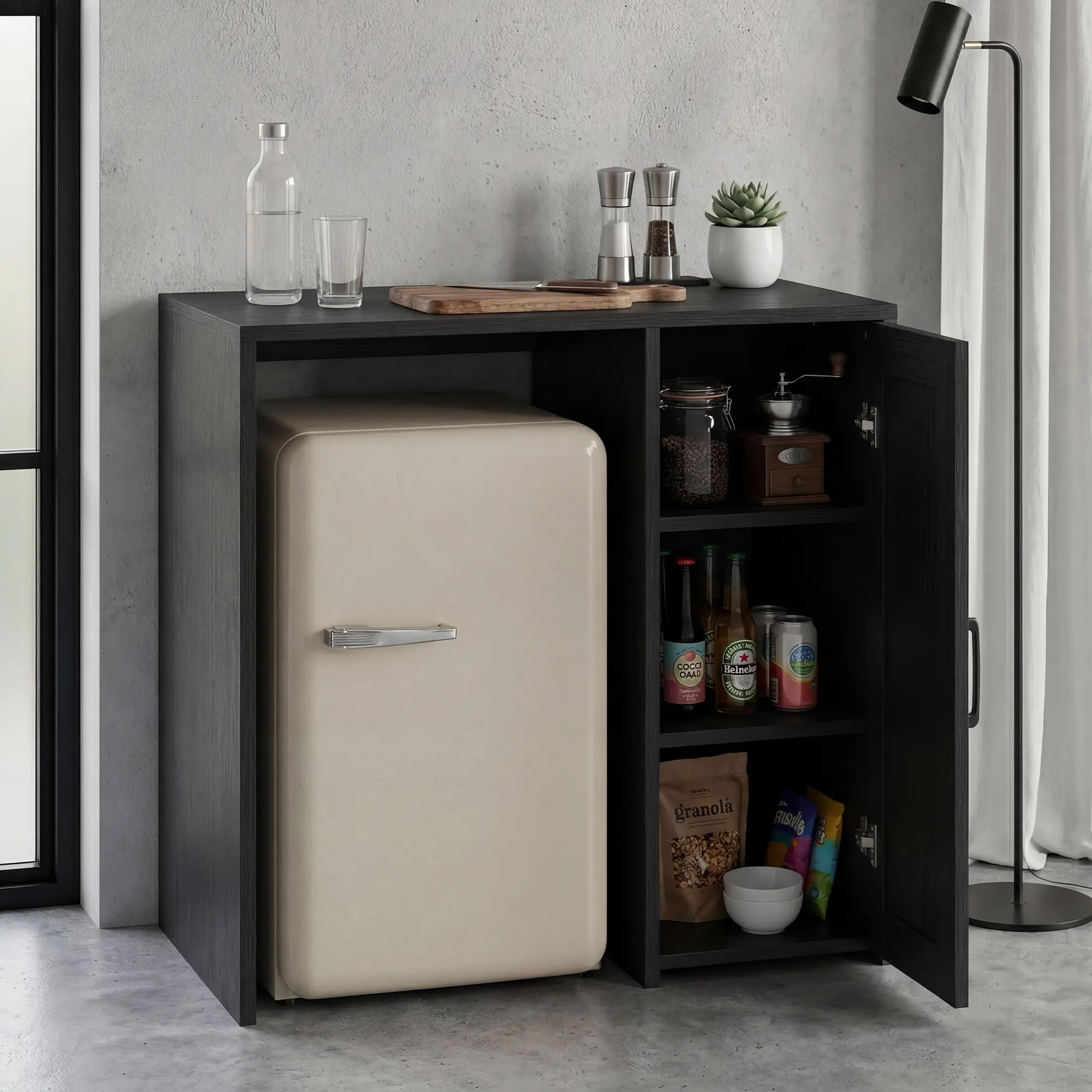 37.4" w Mini Fridge Storage Cabinet with Barn Door & Built-in Outlet, Space Saving over Shelf Organizer, Particle Board